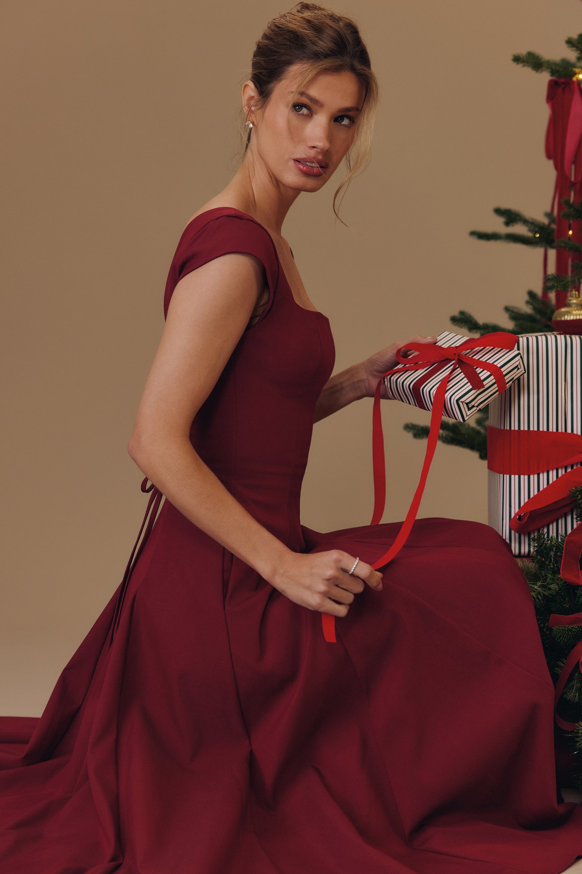 wine lace back twill midi dress