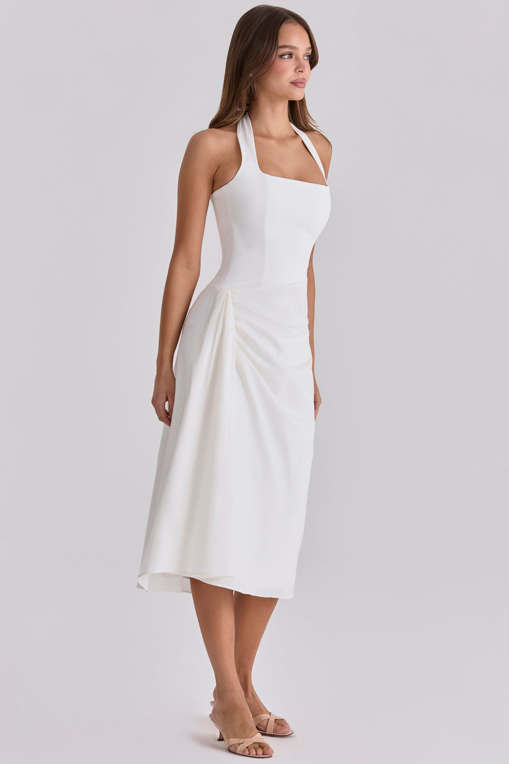 white halter neck cotton midi dress