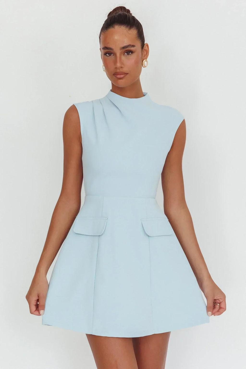 Thandi Pleat Shoulder Faux Pocket Mini Dress Steel Blue