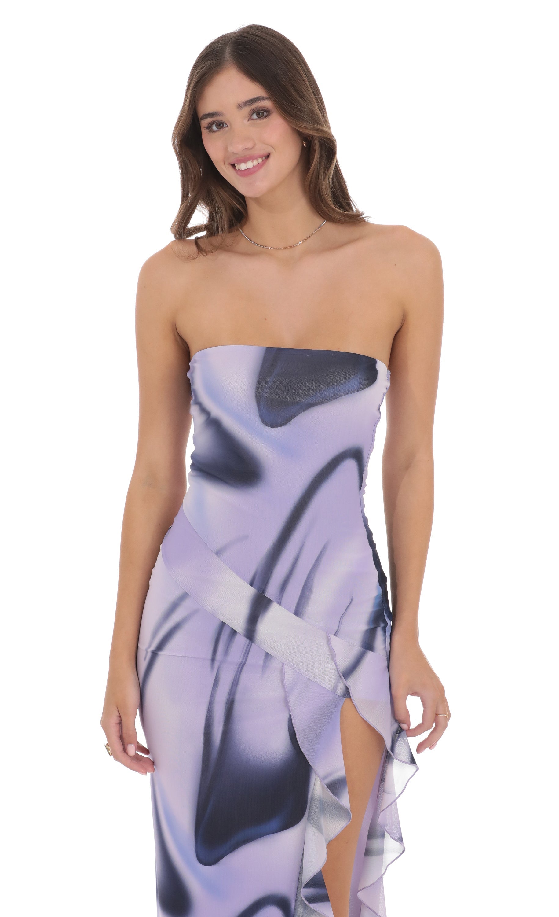 Swirl Mesh Strapless Ruffle Slit Dress in Purple