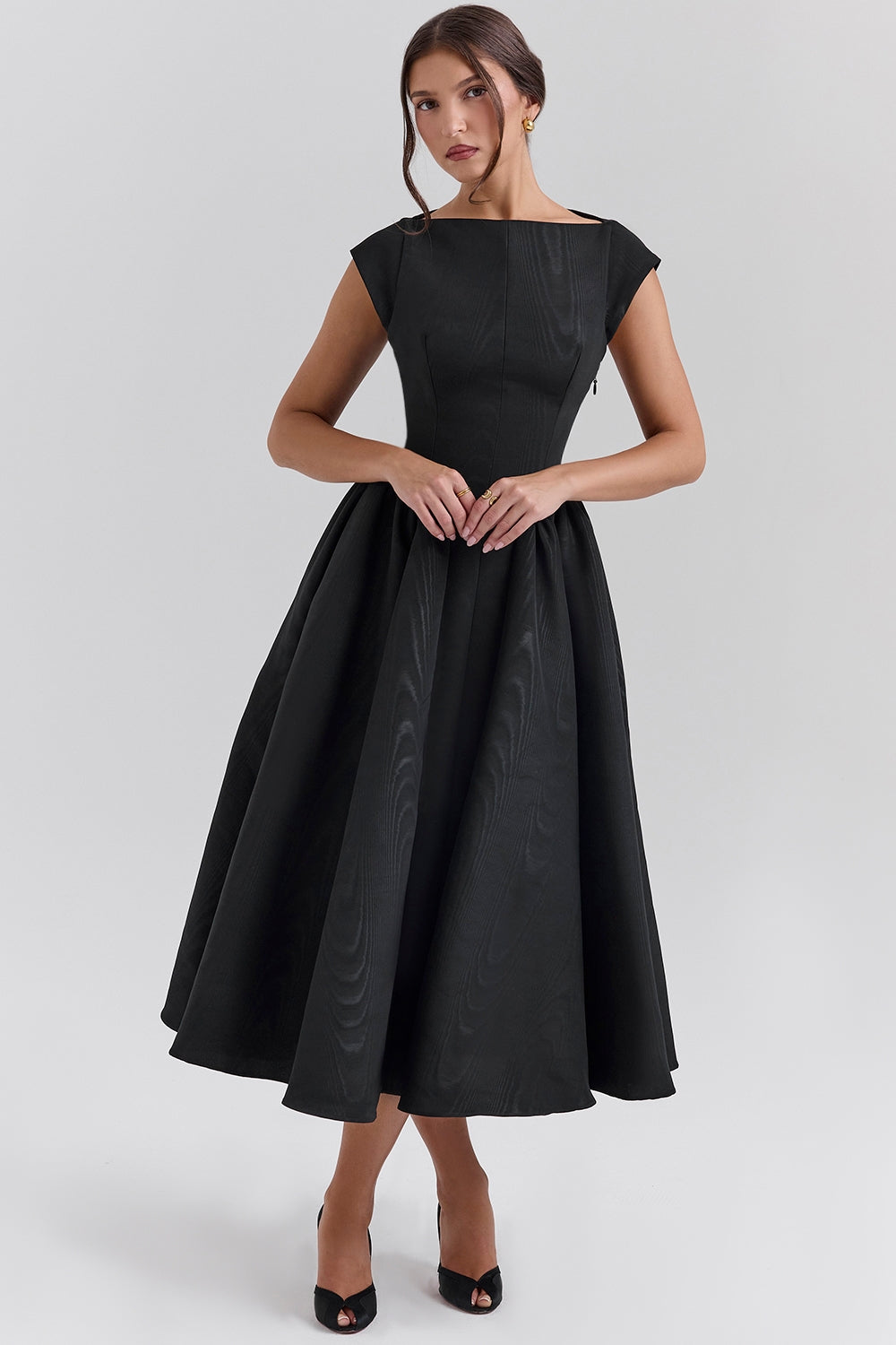 black moire satin backless midi dress