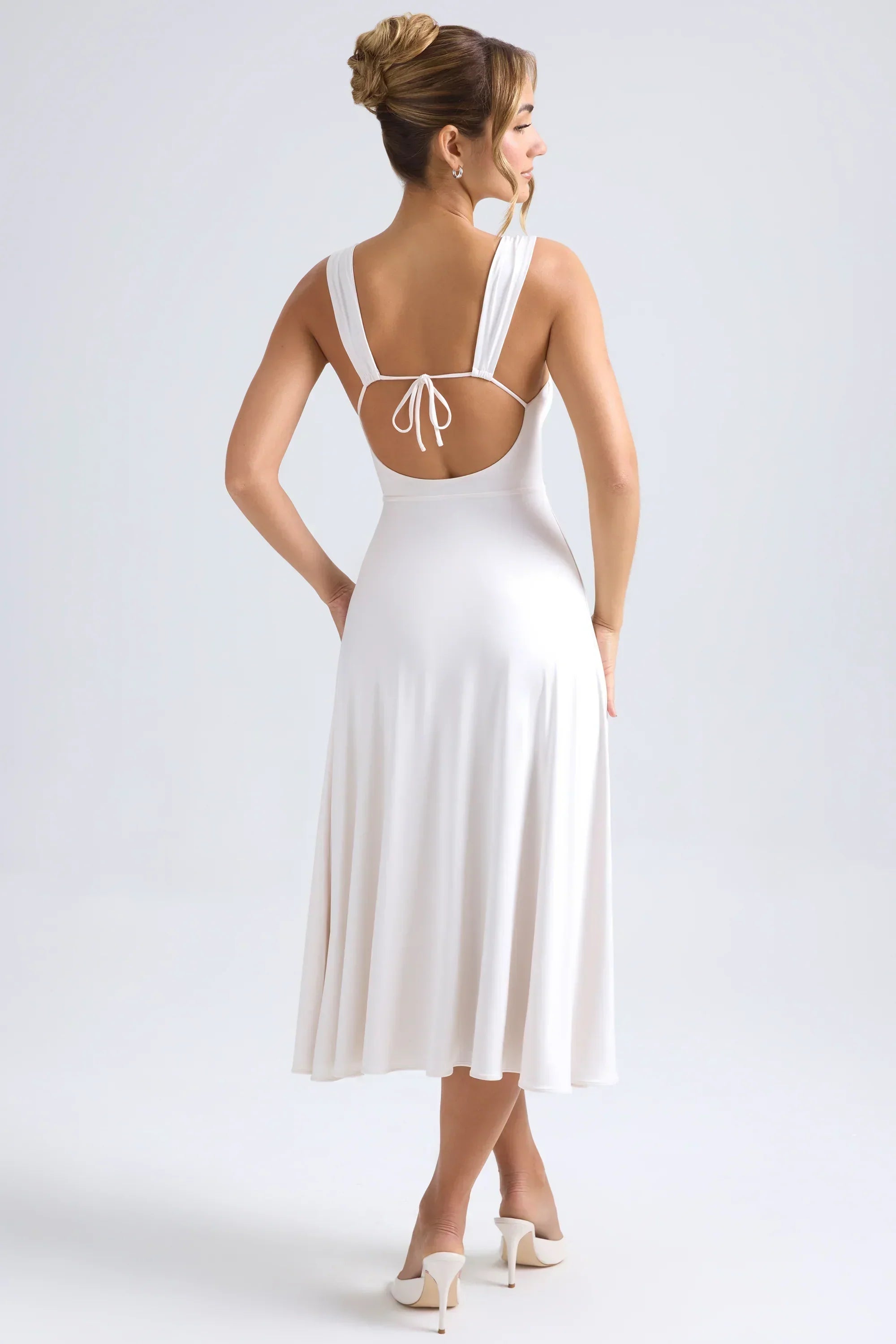 Sweetheart-Neck Ruched Midaxi Dress in Ivory
