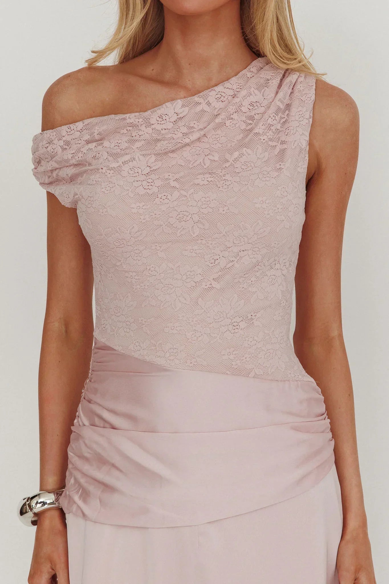 Diana Asymmetric Shoulder Pleat Waist Maxi Dress Blush