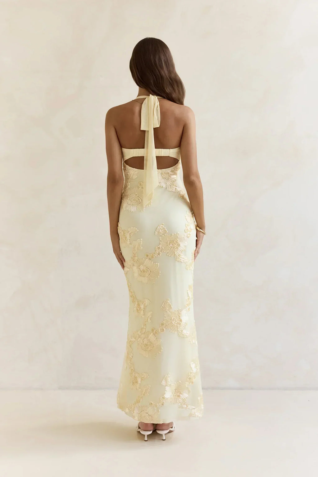Skybloom Mesh Halter Maxi Dress Yellow