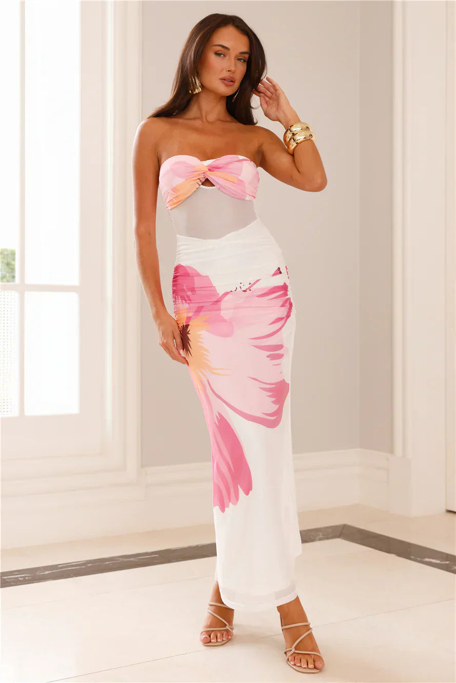 Pinch Of Color Strapless Mesh Maxi Dress White