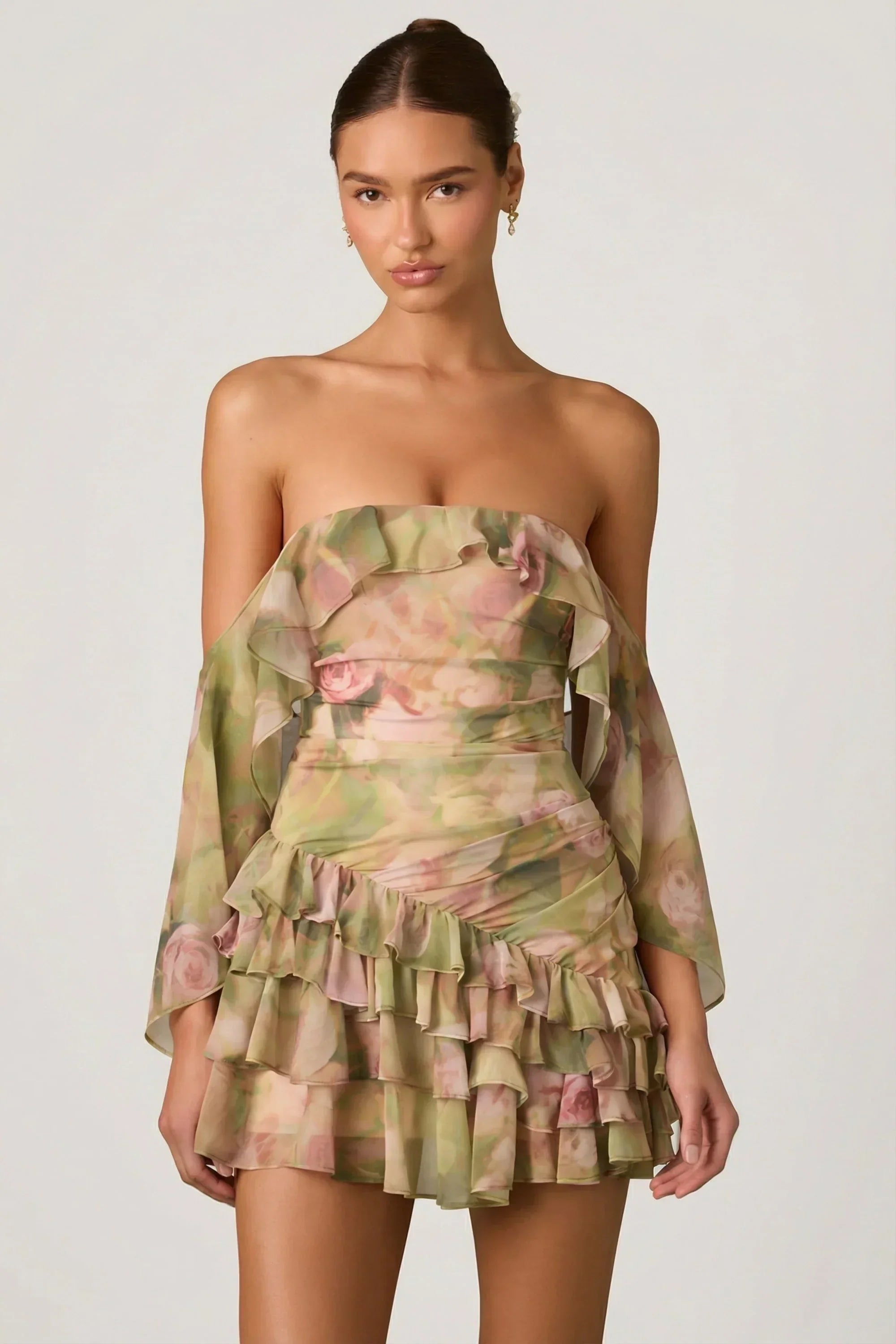 Off-Shoulder Ruffled Mini Dress in Floral Multi Print