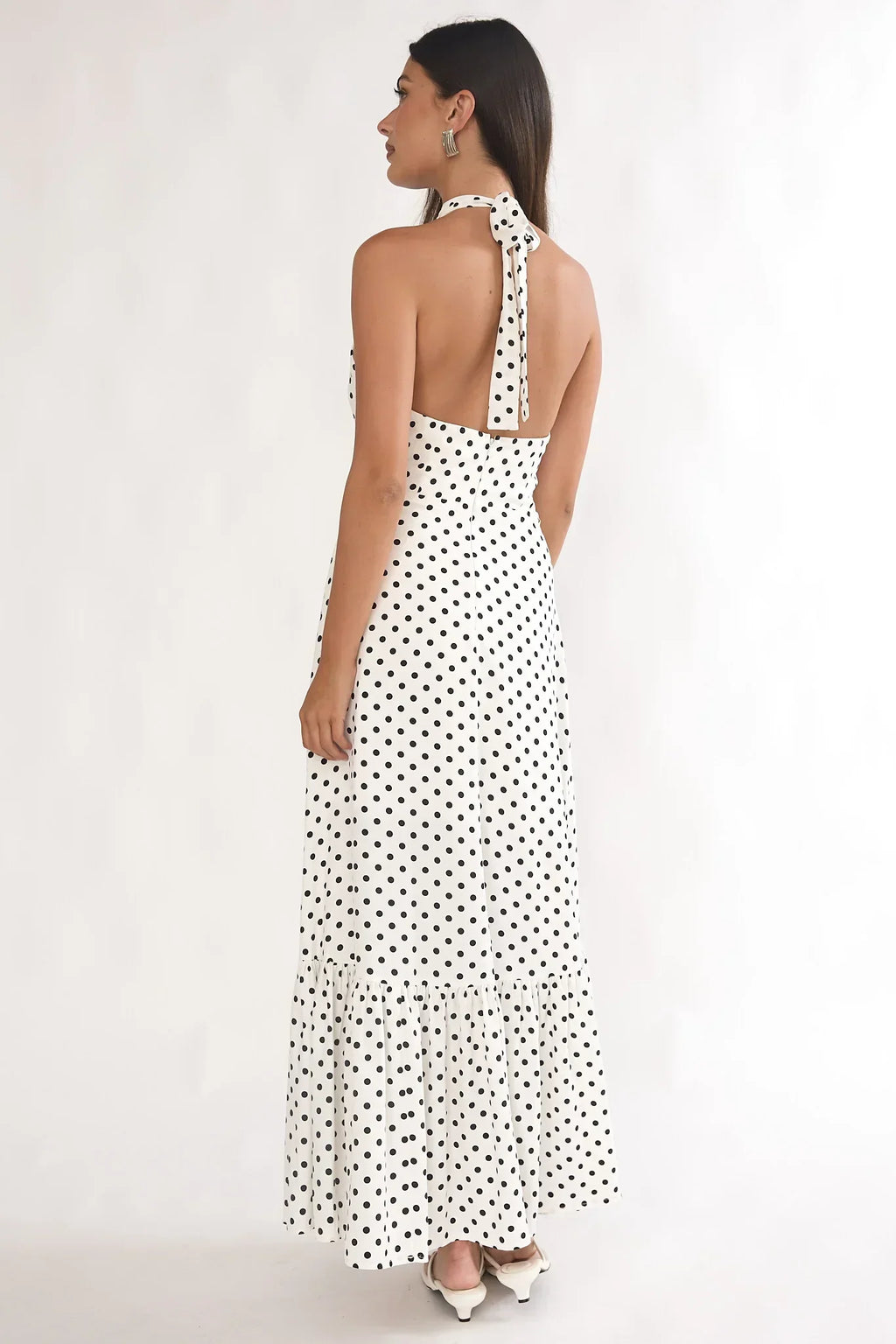 Romana High Neck Halter Maxi Dress Polka Dot White