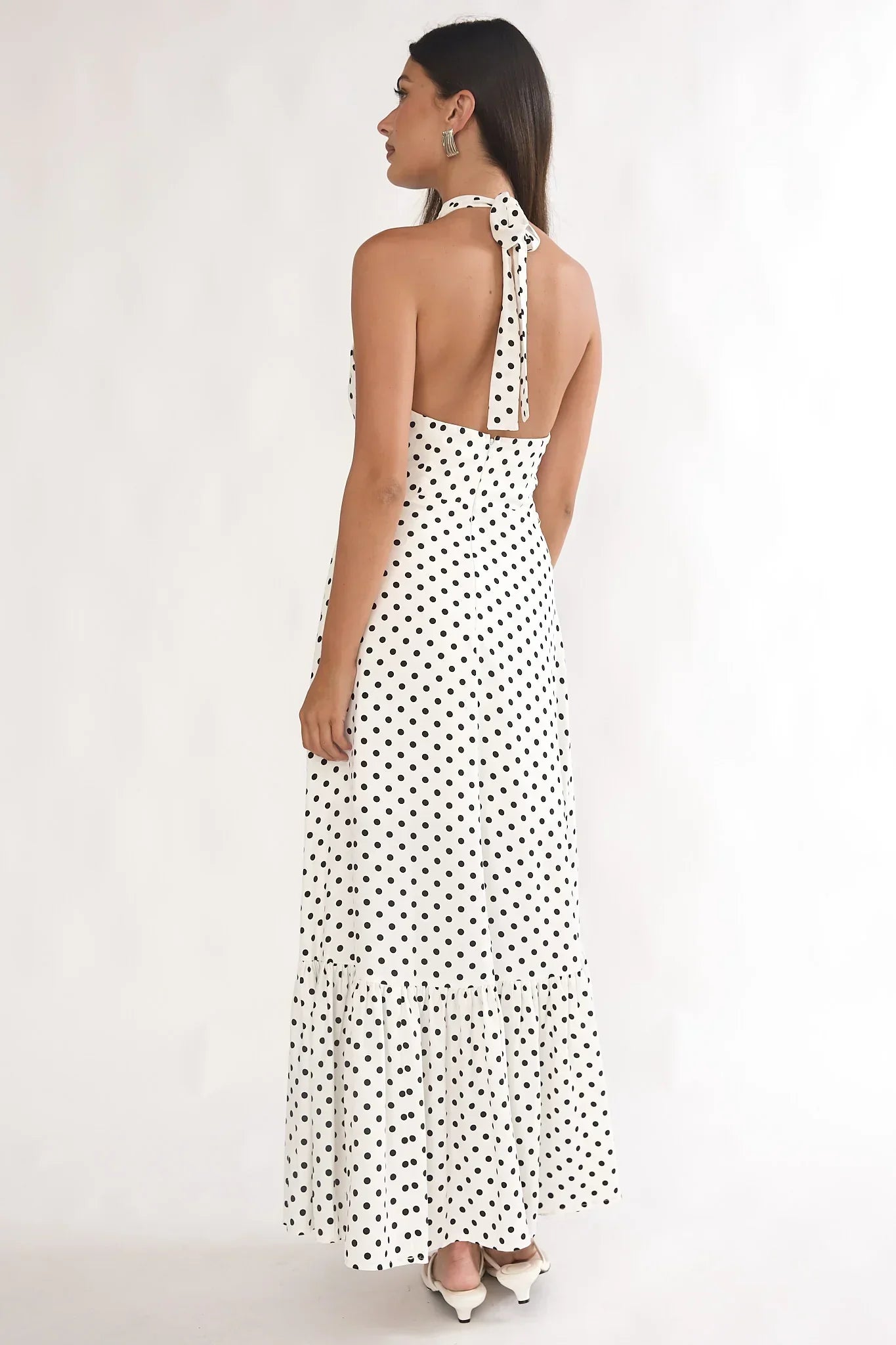Romana High Neck Halter Maxi Dress Polka Dot White