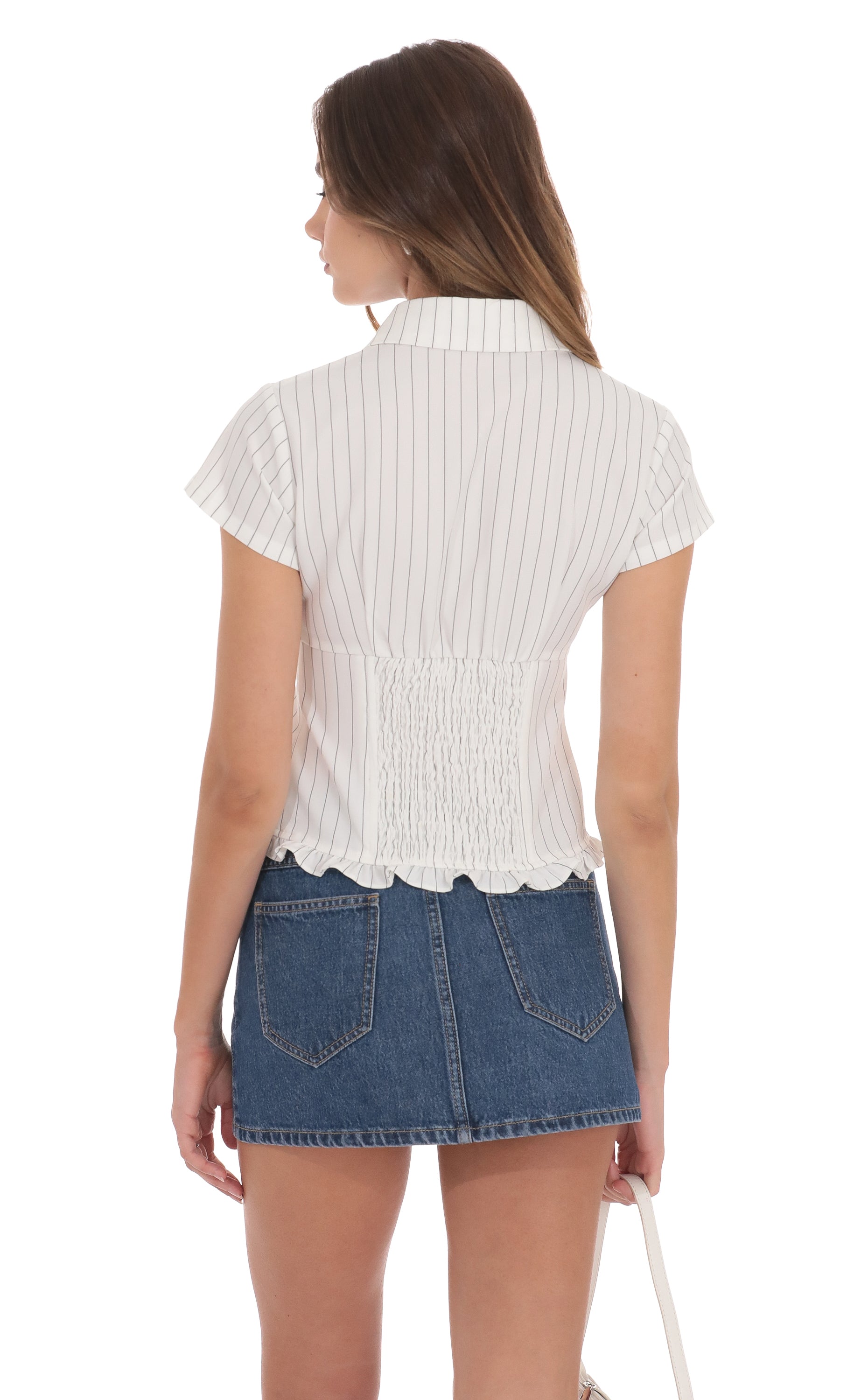 PinStripe Button-Up Ruffle Top in White