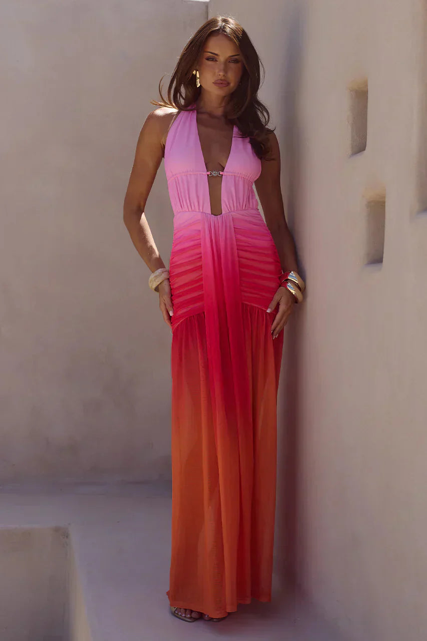 ADRIANNA PLUNGE RUCHED MAXI DRESS - TROPICALE OMBRE