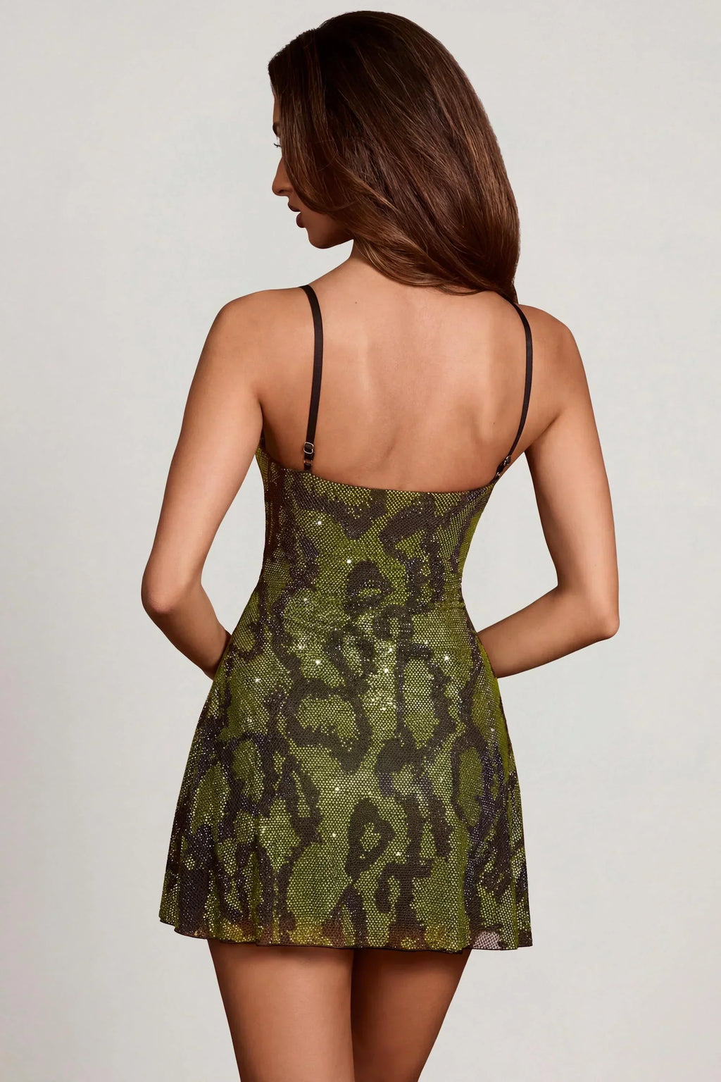 Embellished Cowl Neck A-line Mini Dress in Green Snake