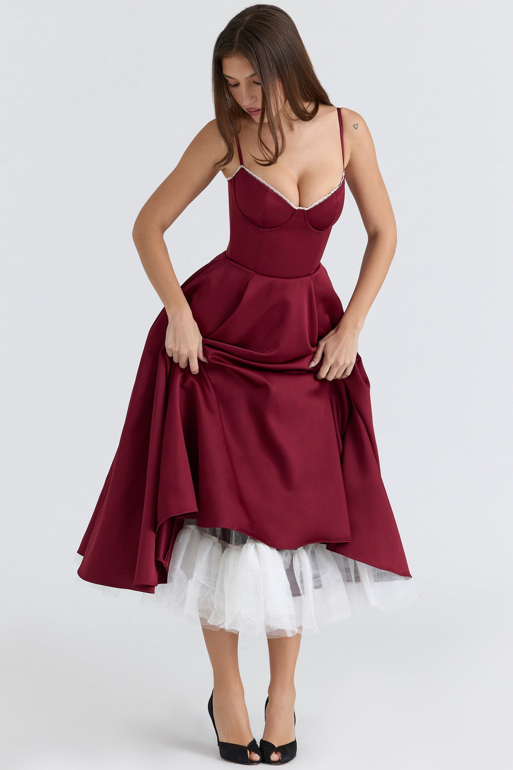 wine satin tulle midi dress