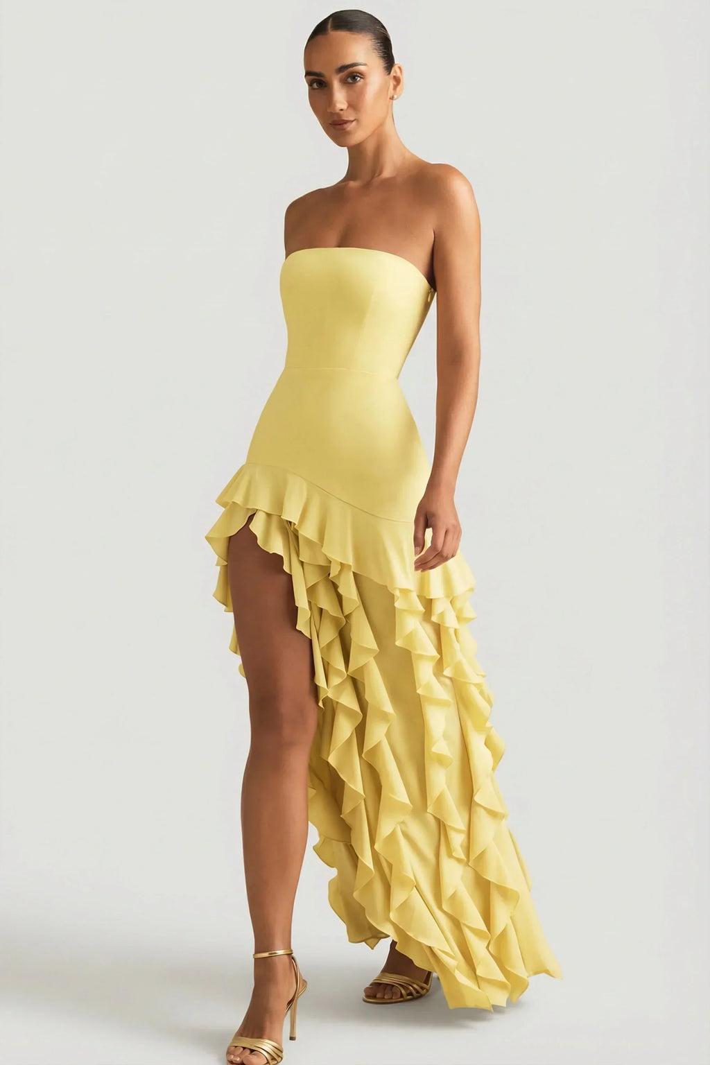 Ruffle-Trim Strapless Gown in Pastel Yellow