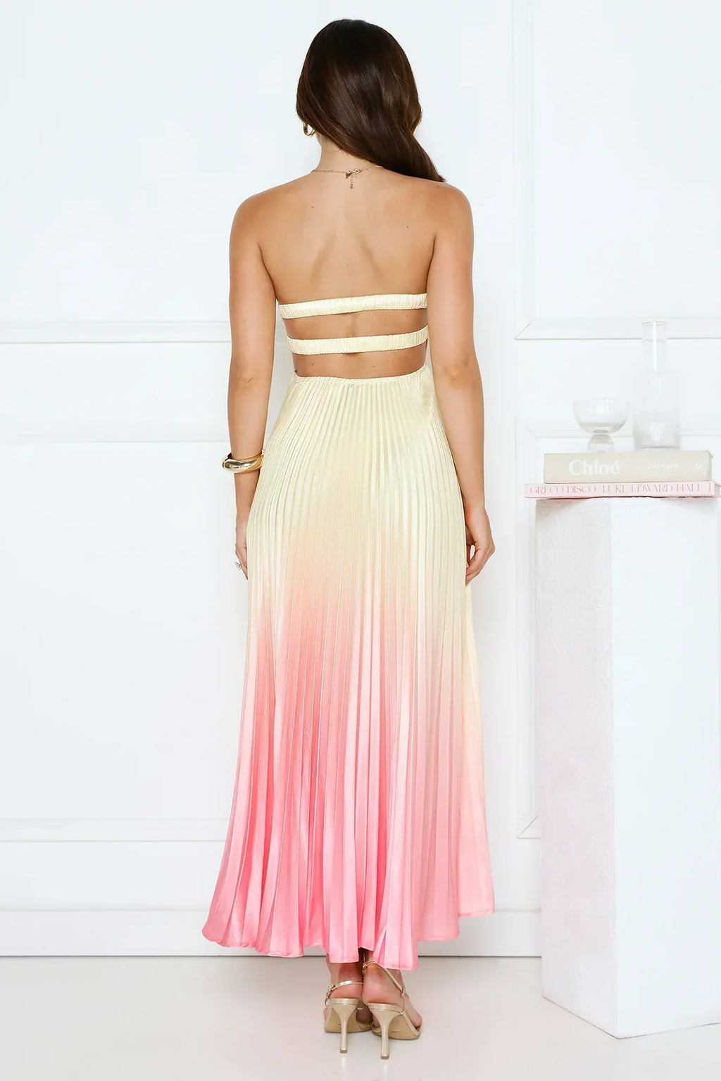 Melting Sunset Satin Strapless Maxi Dress Yellow