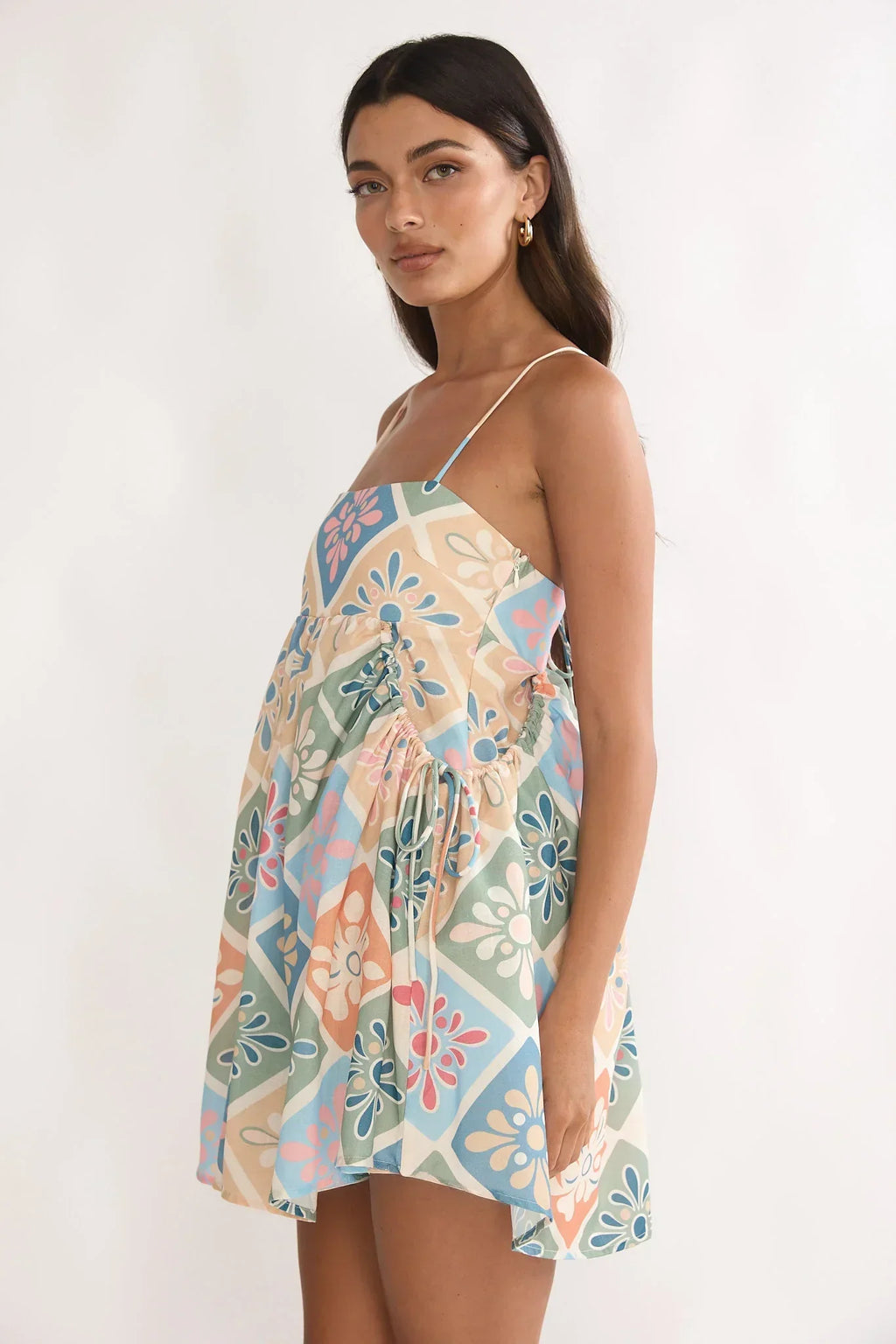 Terenza Tied Back Baby Doll Mini Dress Green Multi