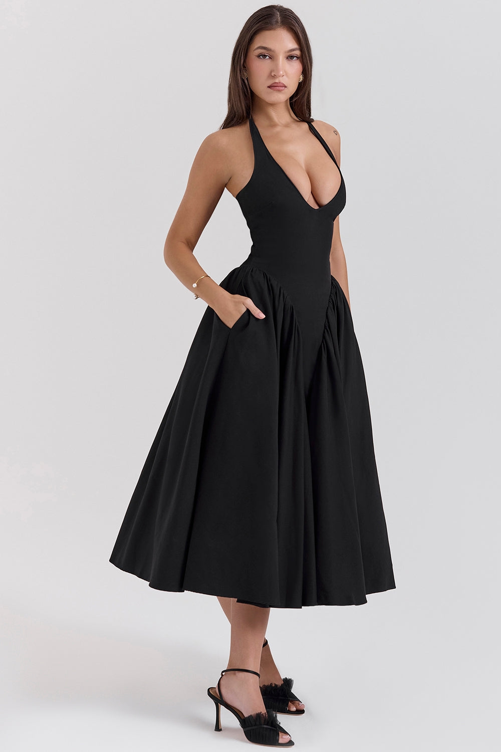 black twill halter midi dress