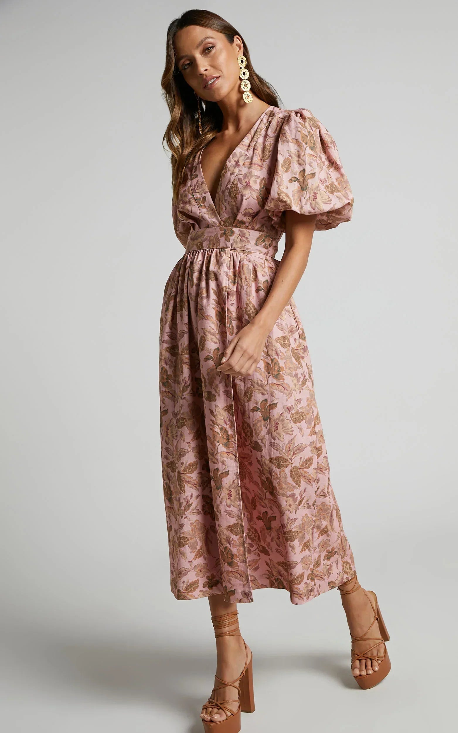 Amalie The Label - Franc Linen Puff Sleeve Wrap Midi Linen Dress - Int