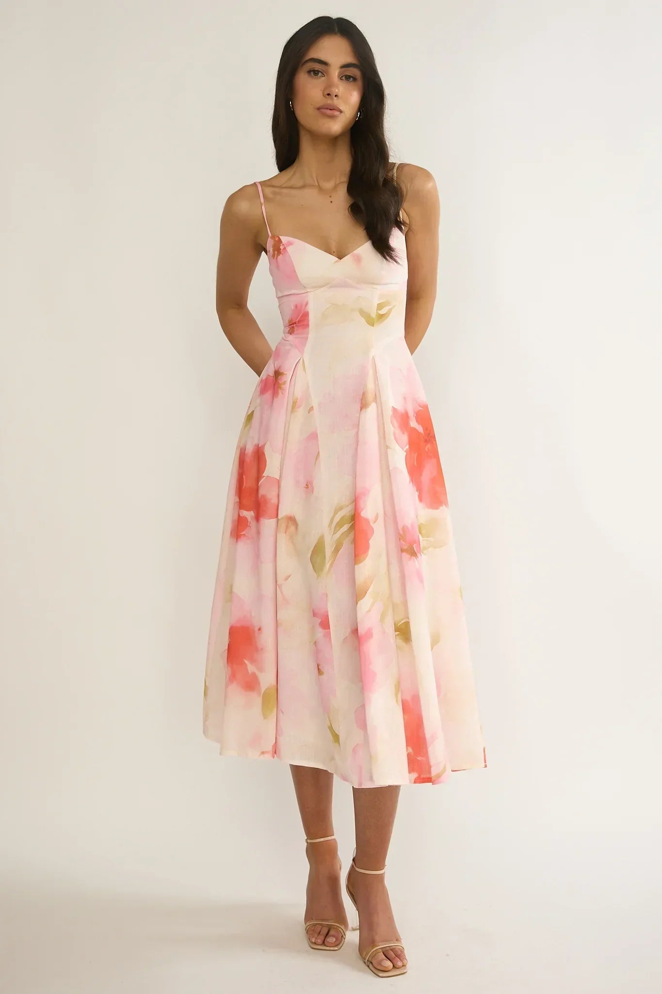 Get My Attention Pleat Waist Midi Dress Floral Pink
