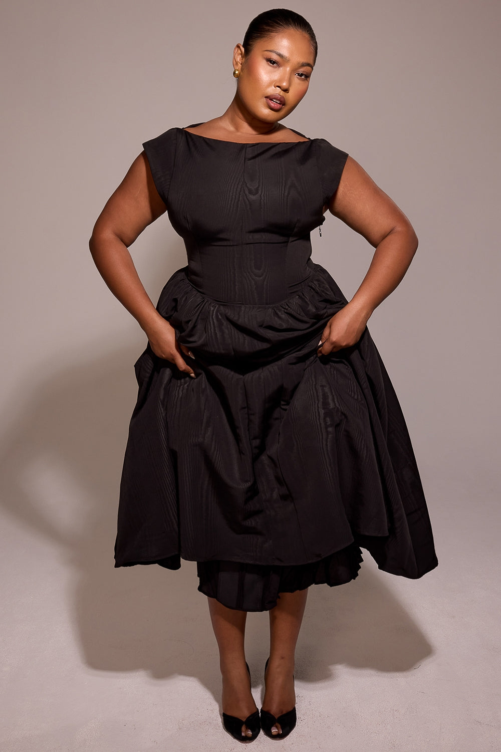 black moire satin backless midi dress