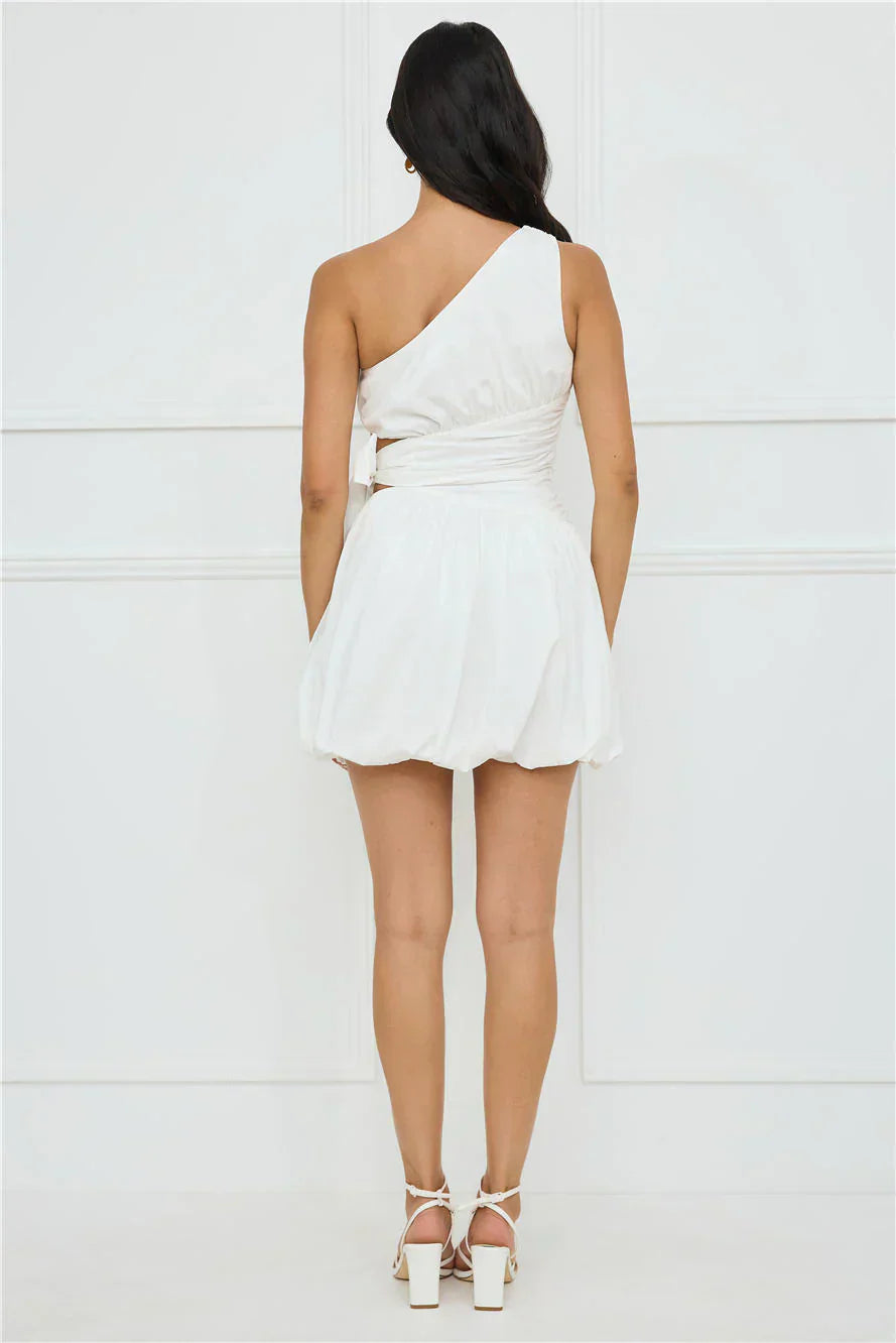 Starlit Whisper One Shoulder Bubble Mini Dress White