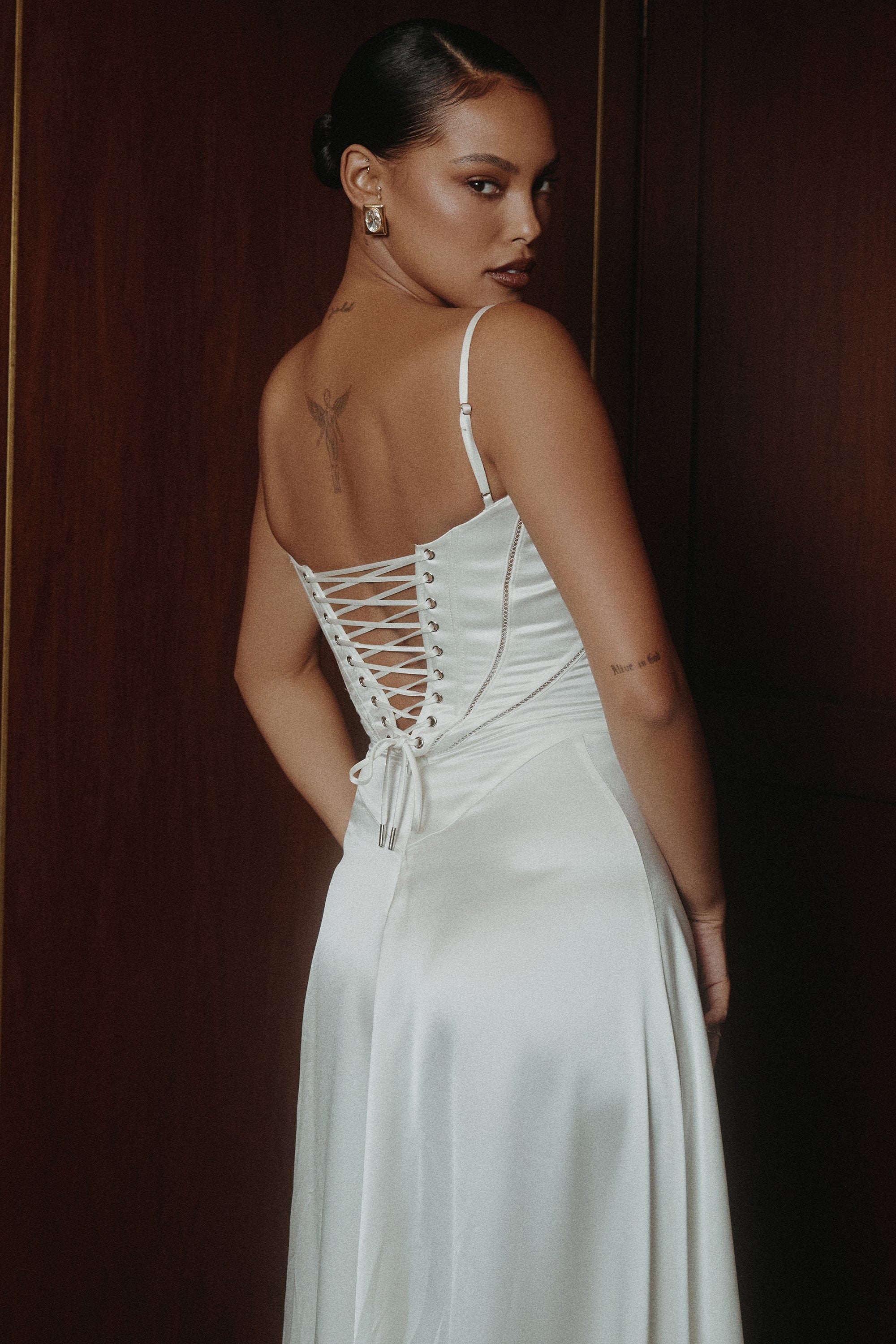 ivory satin lace up maxi dress