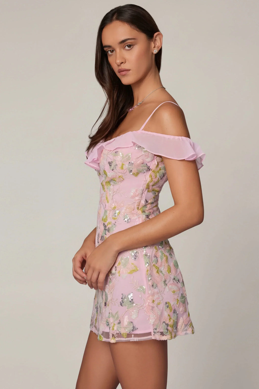 Embellished Lace-Up A-Line Mini Dress in Soft Pink