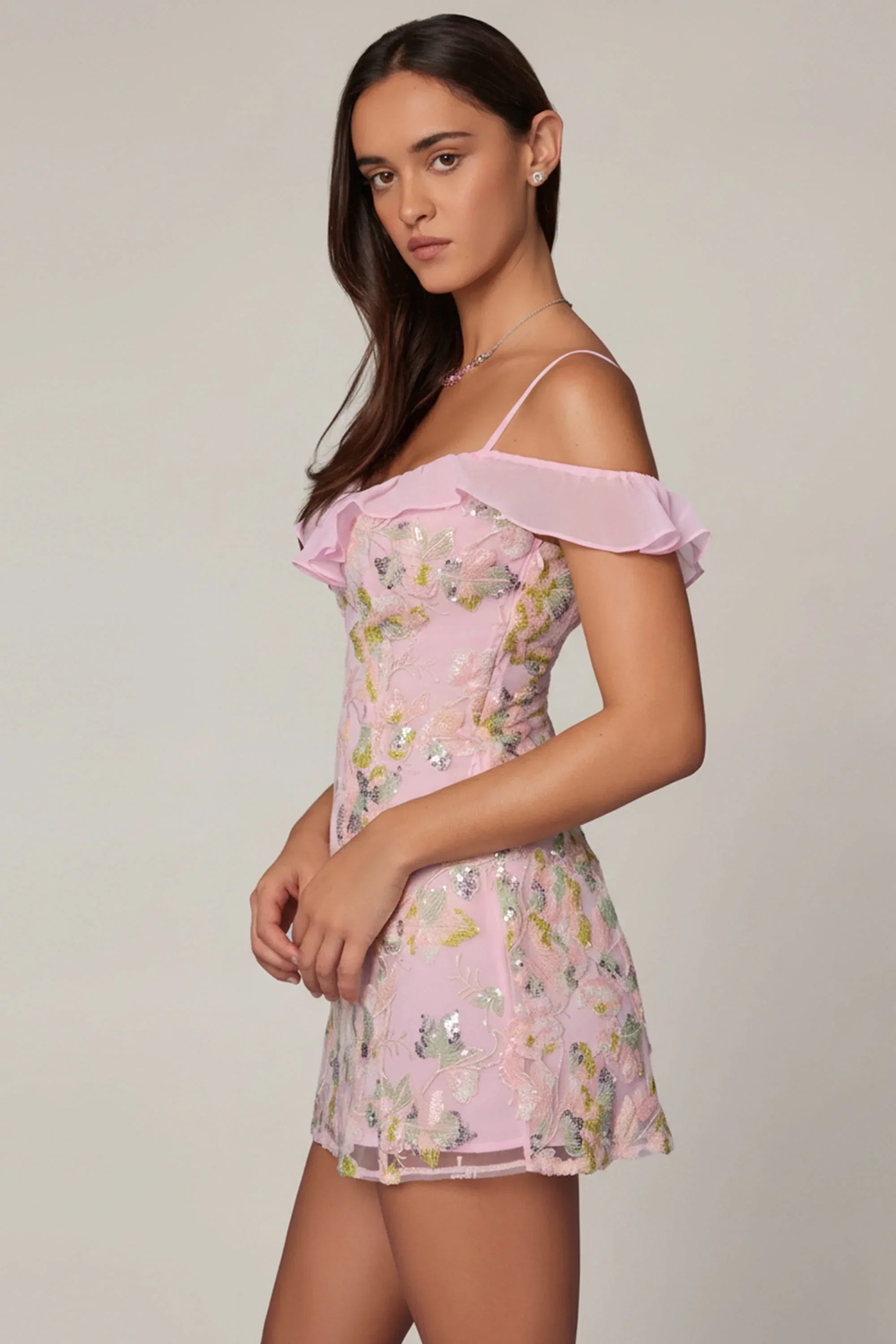 Embellished Lace-Up A-Line Mini Dress in Soft Pink