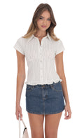 PinStripe Button-Up Ruffle Top in White