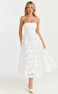 Rheiva Midi Dress - Strapless 3D Embroidery Midi Dress in White