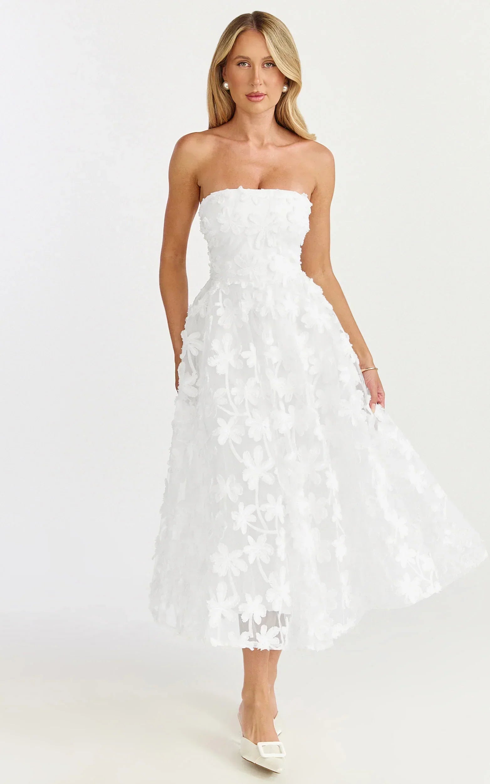 Rheiva Midi Dress - Strapless 3D Embroidery Midi Dress in White