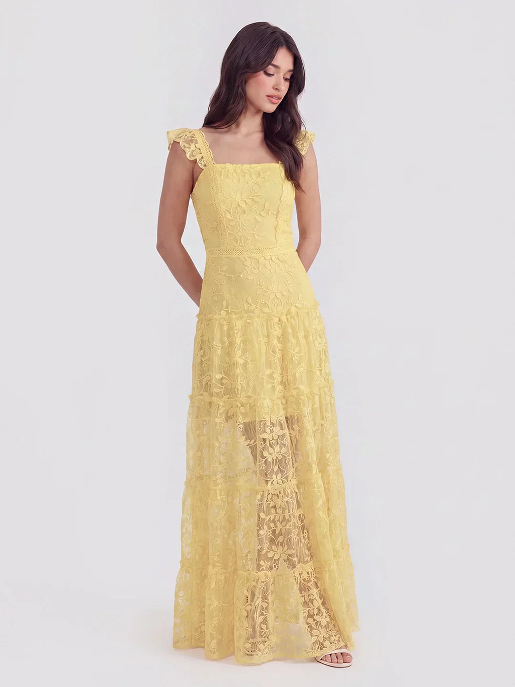 Tiered Vertical Lace Maxi Dress With Square Neckline