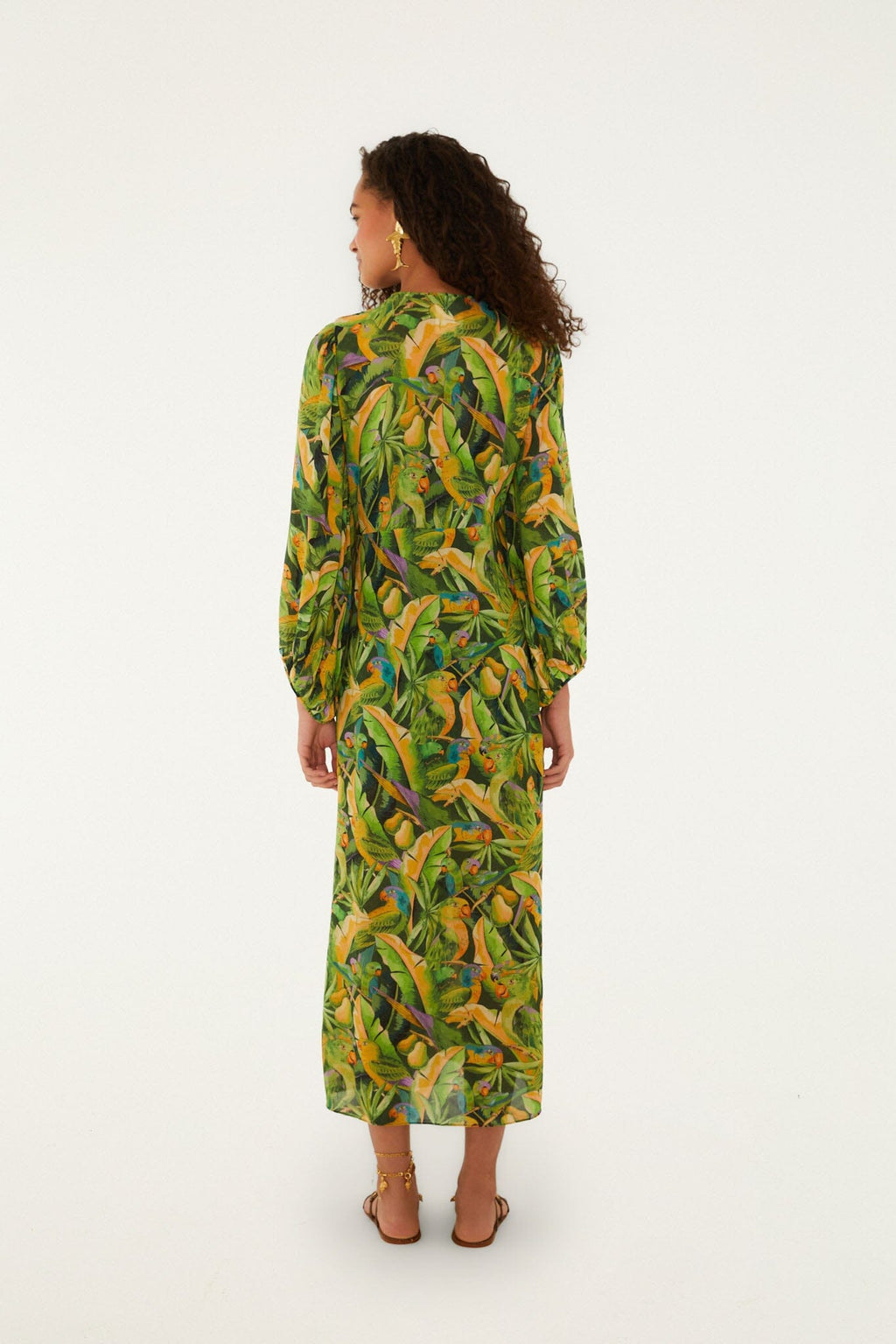 Green Forest Parrots Long Sleeve Midi Dress
