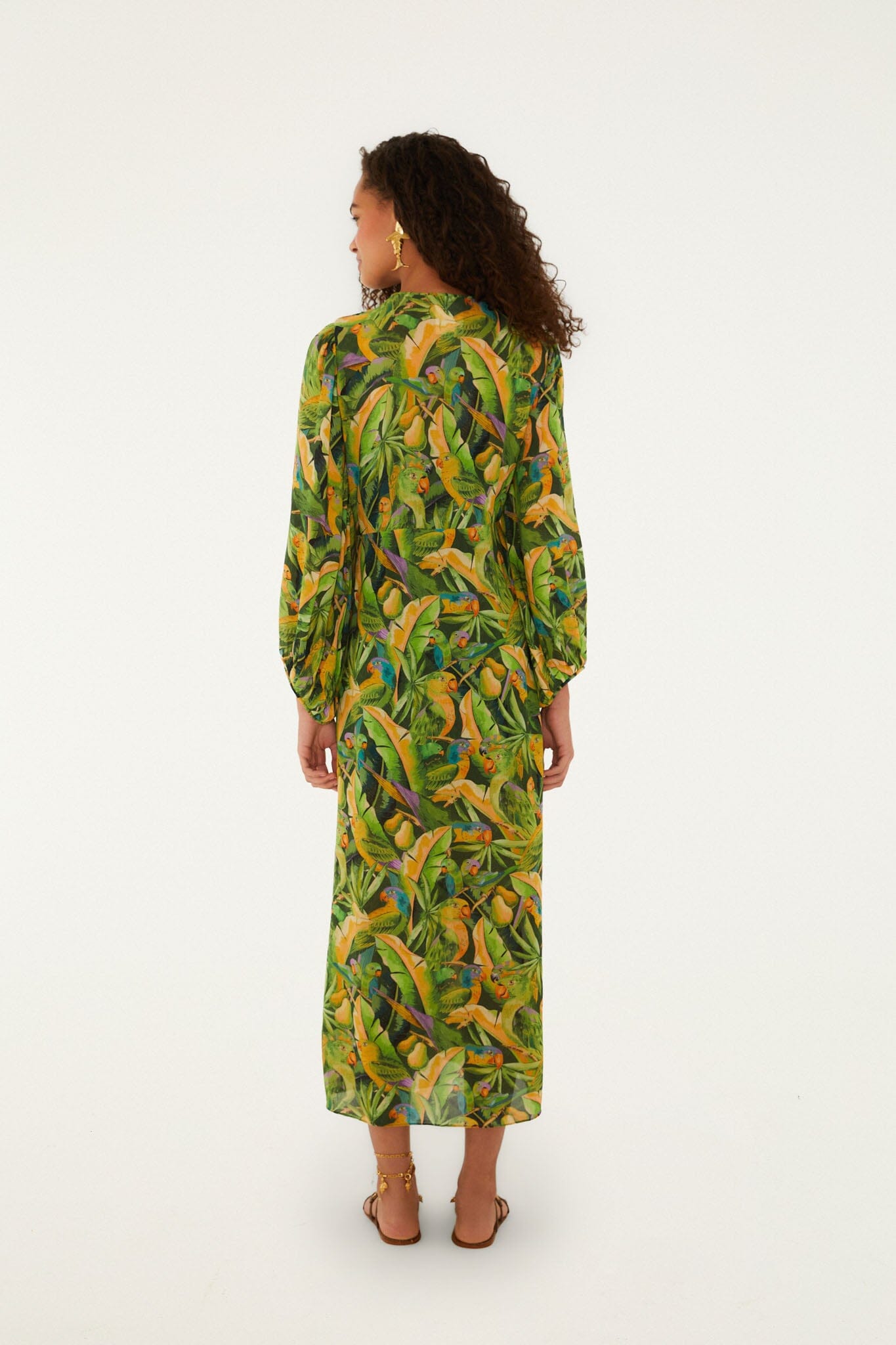 Green Forest Parrots Long Sleeve Midi Dress