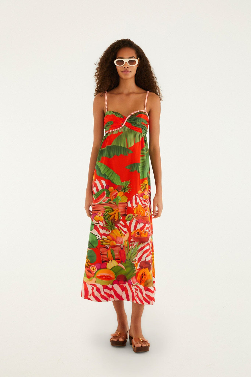Red Fruit Trolley Sweetheart Neck Maxi Dress