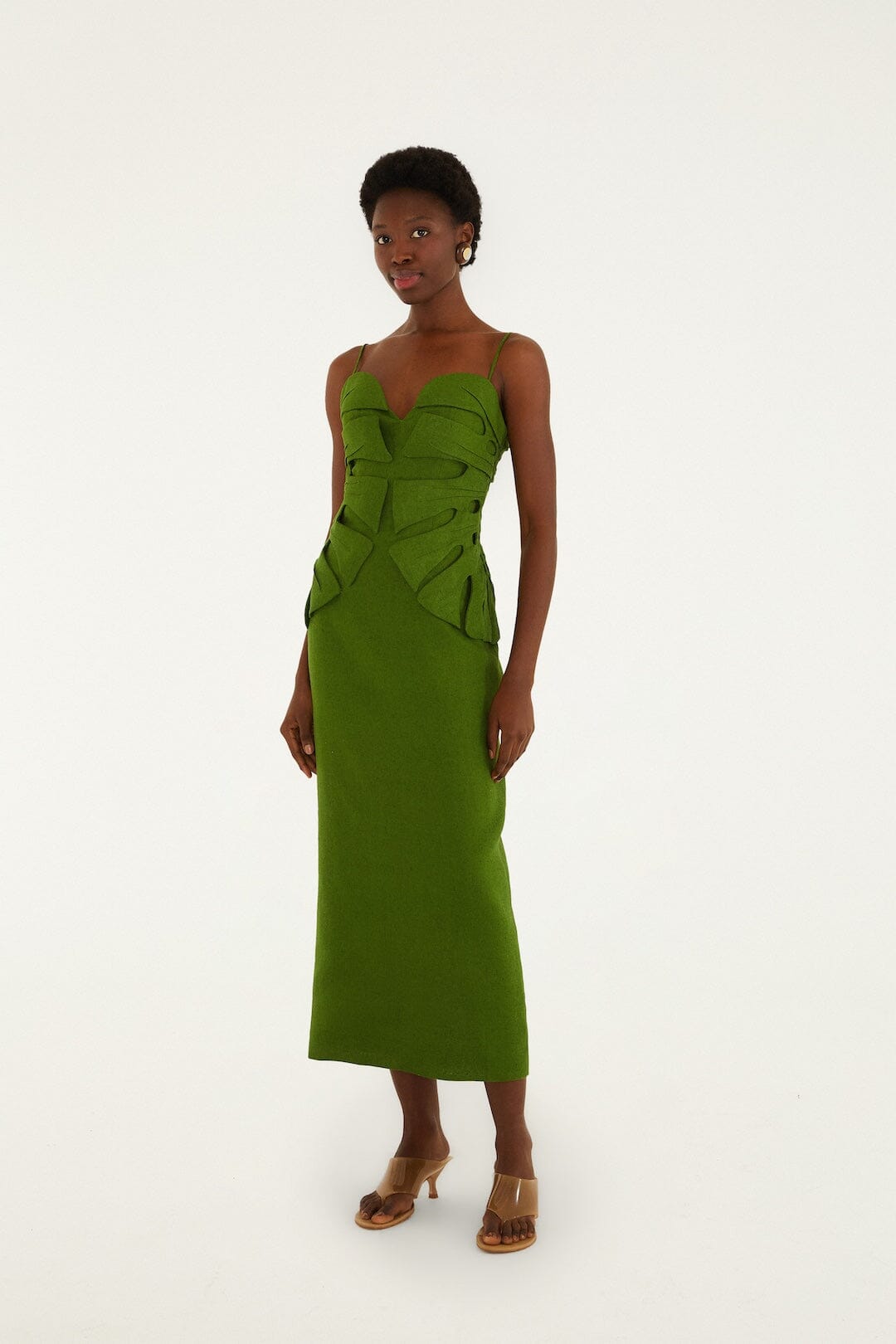 Green Monstera Leaf Sleeveless Euroflax™ Premium Linen Maxi Dress