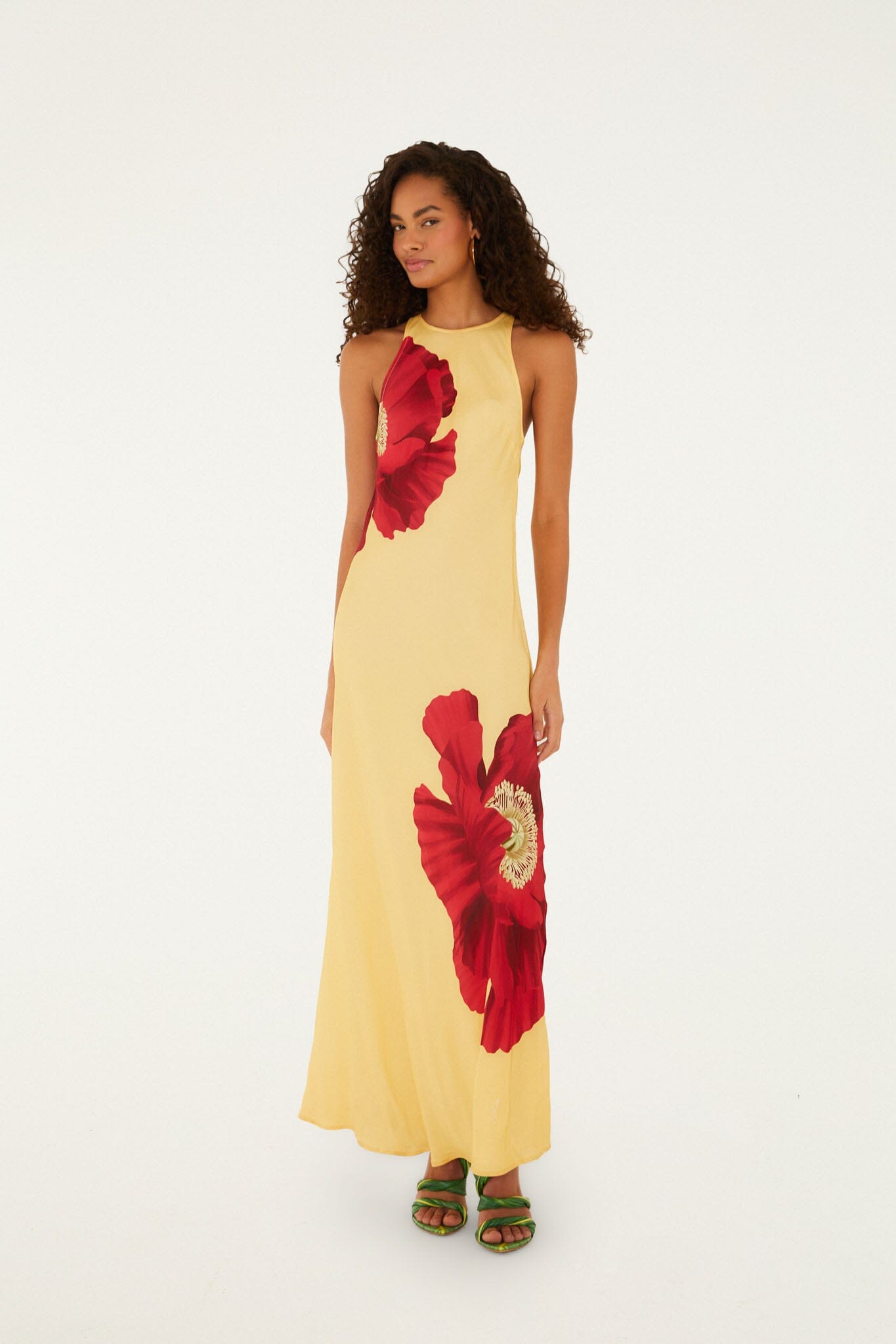 Light Yellow Poppy Flowers Sleeveless  Maxi Dress