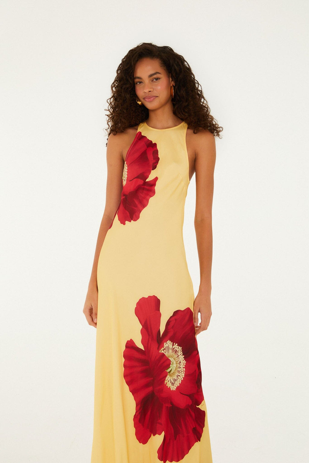 Light Yellow Poppy Flowers Sleeveless  Maxi Dress