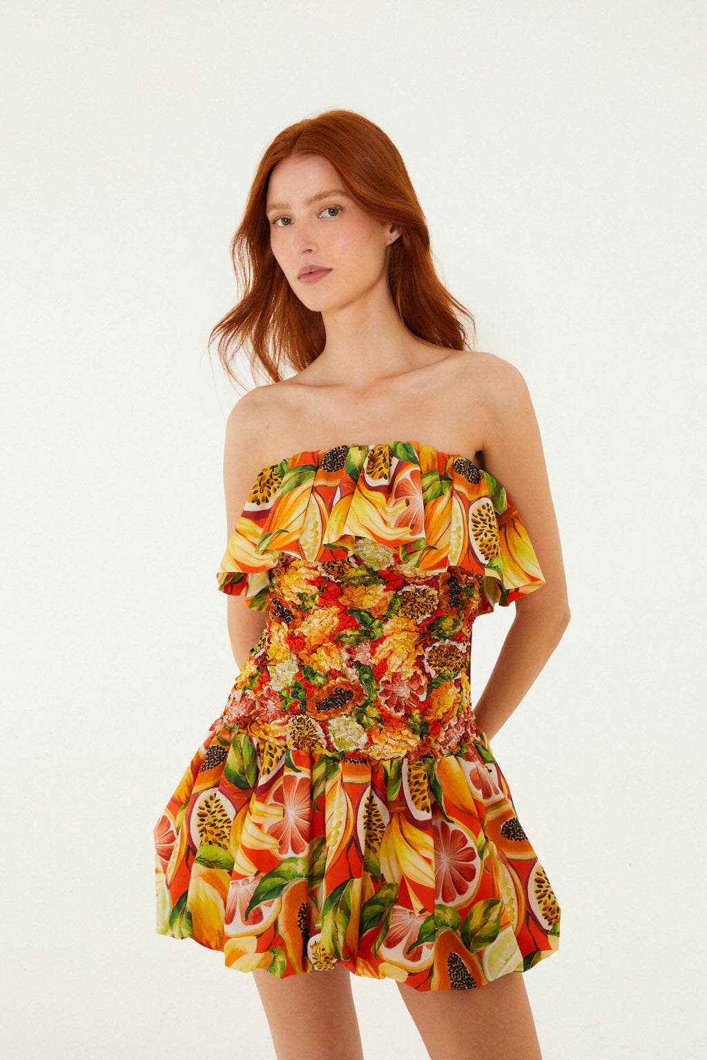 Multicolor Fruit Garden Red Smocked Balloon Mini Dress