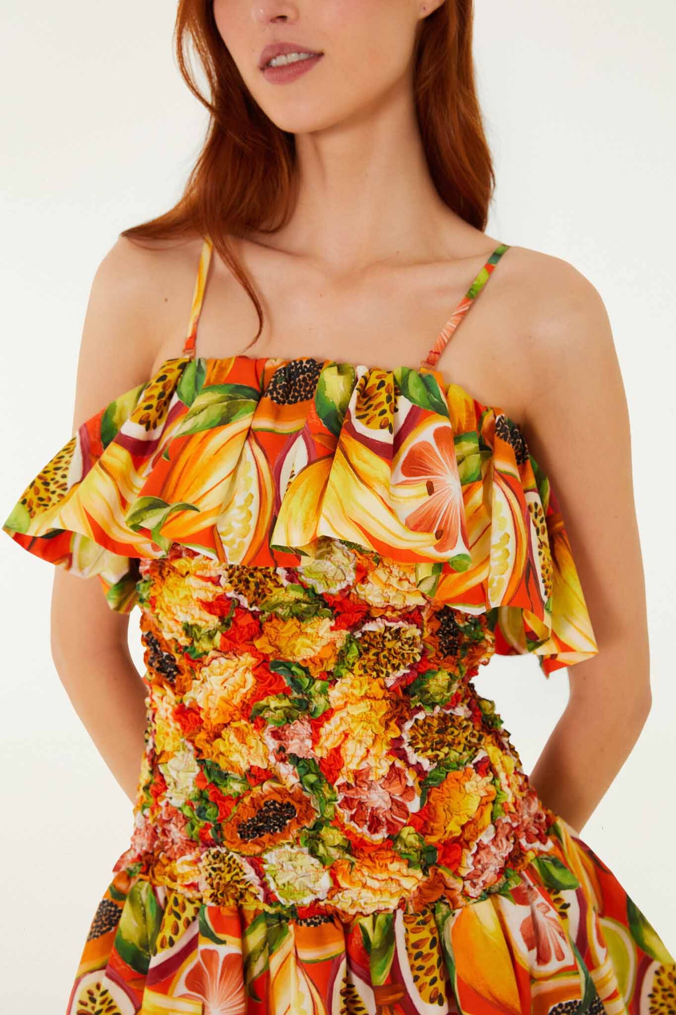 Multicolor Fruit Garden Red Smocked Balloon Mini Dress
