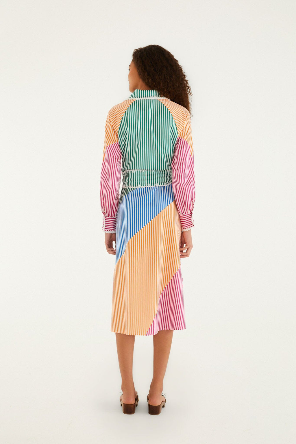 Multicolor Stripes Embroidered Belted  Midi Dress