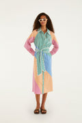 Multicolor Stripes Embroidered Belted  Midi Dress