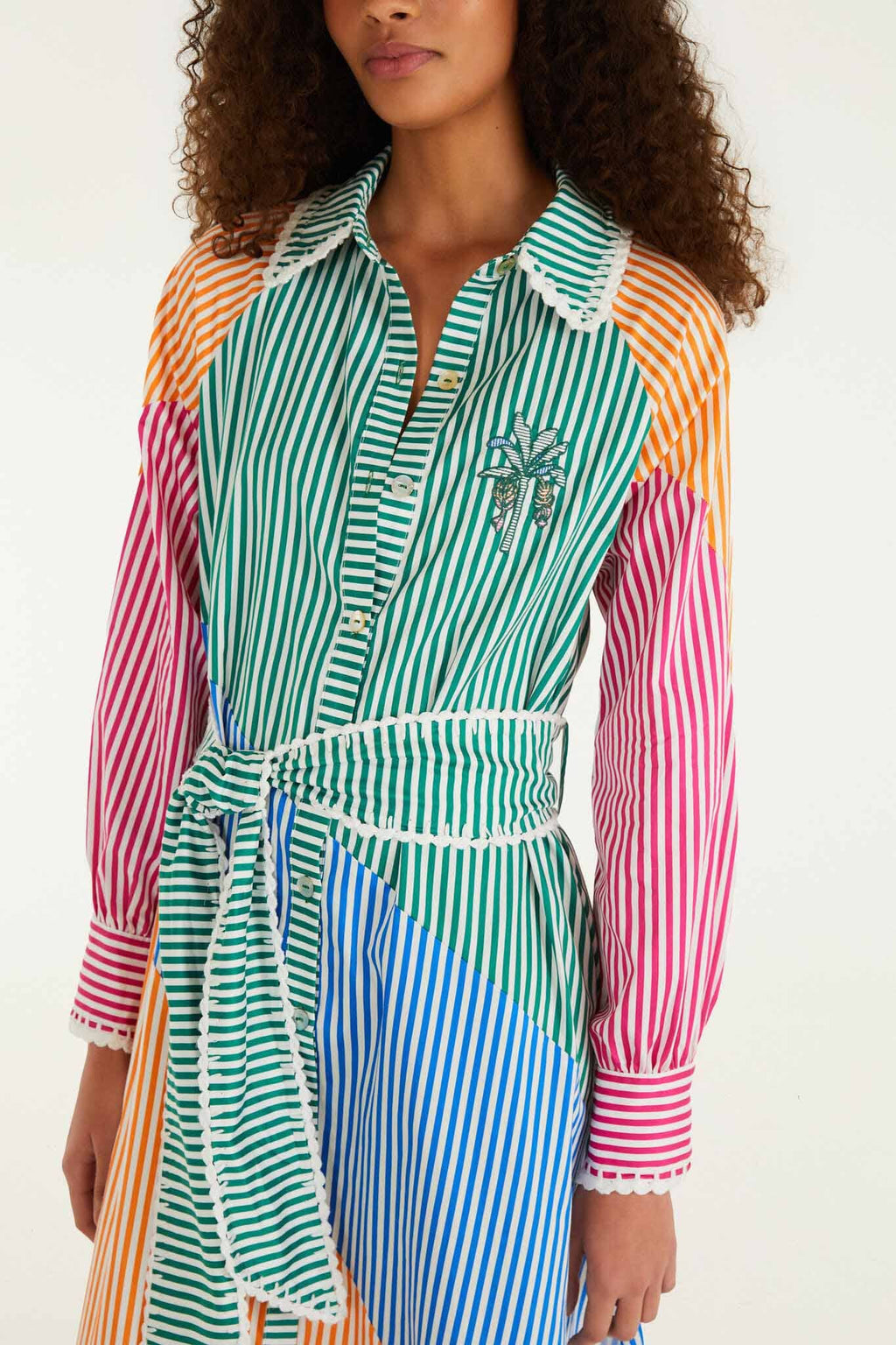 Multicolor Stripes Embroidered Belted  Midi Dress
