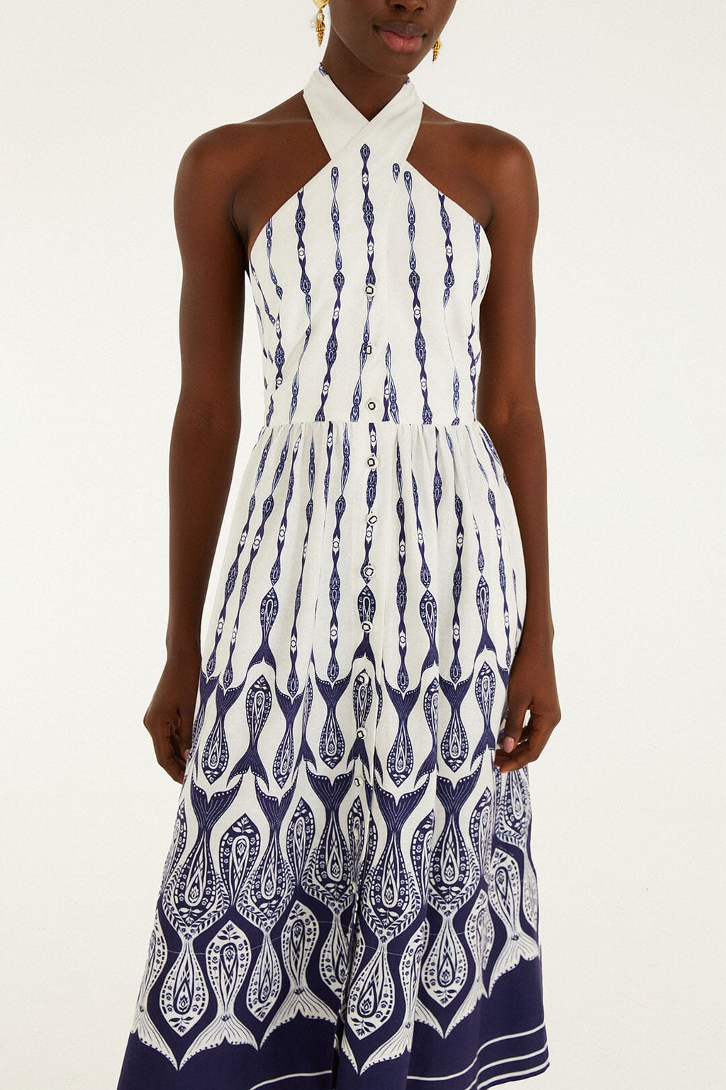 Off-White Fishes Flow Halter Neck Midi Dress