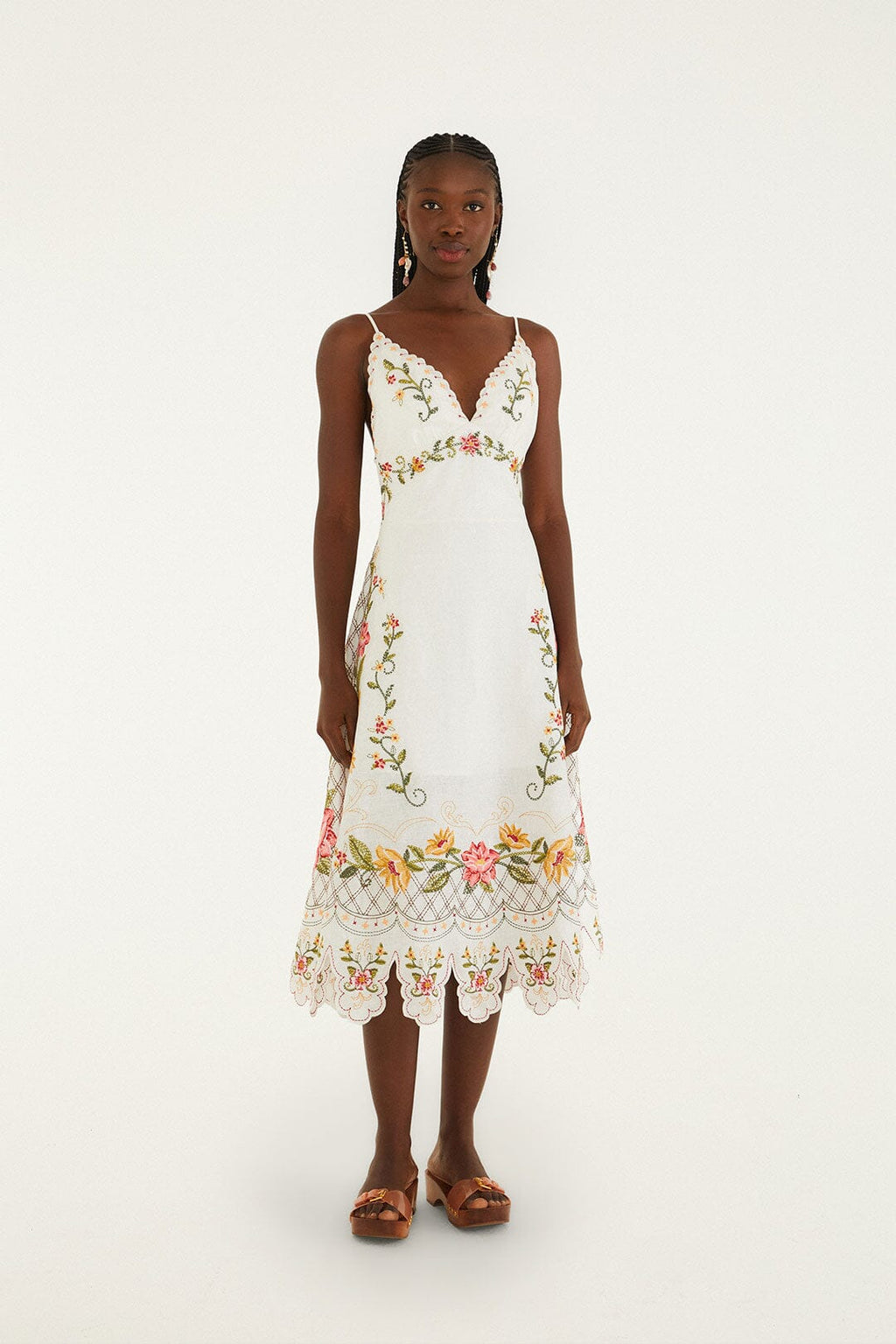 Off-White Flower Embroidery Asymetric Hem Midi Dress