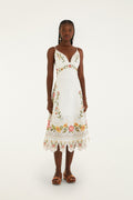 Off-White Flower Embroidery Asymetric Hem Midi Dress