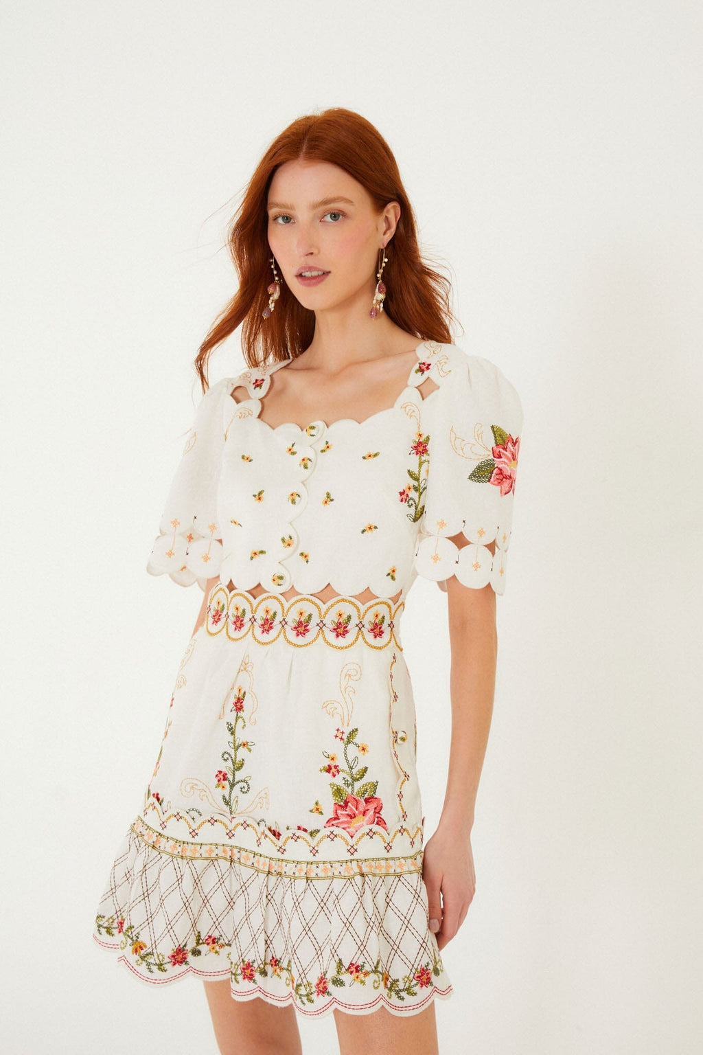 Off-White Flower Embroidery Scalloped Mini Dress