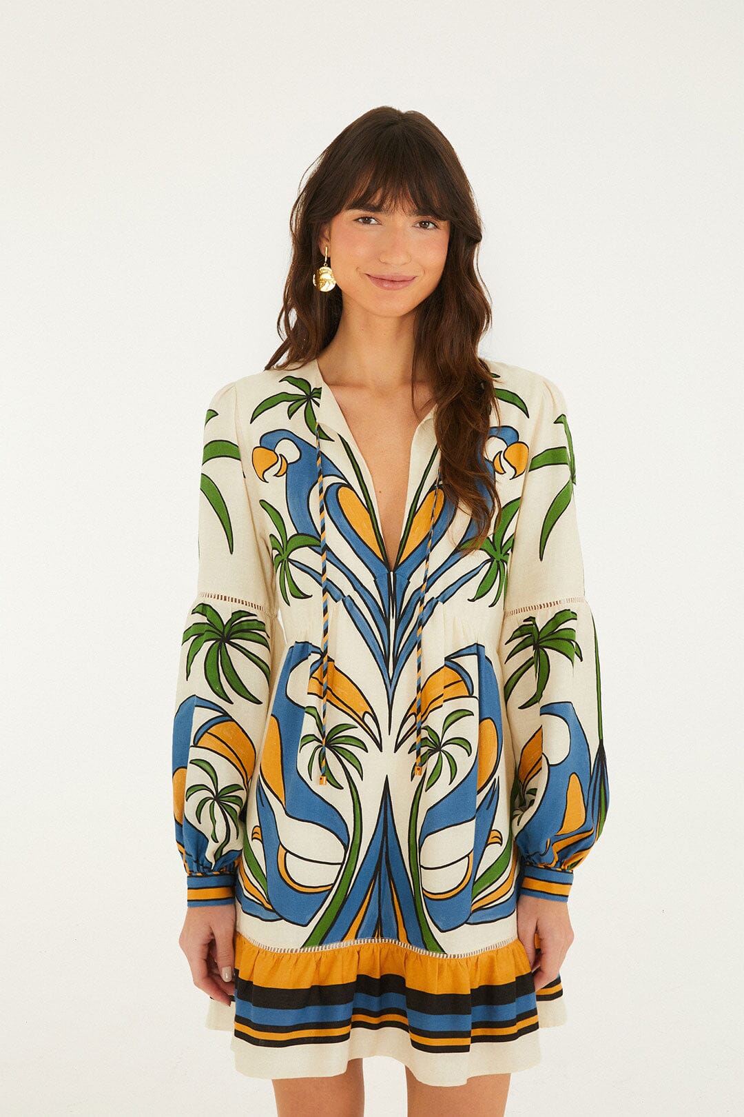 Sand Tropical Graphic Lace Ruffled Mini Dress