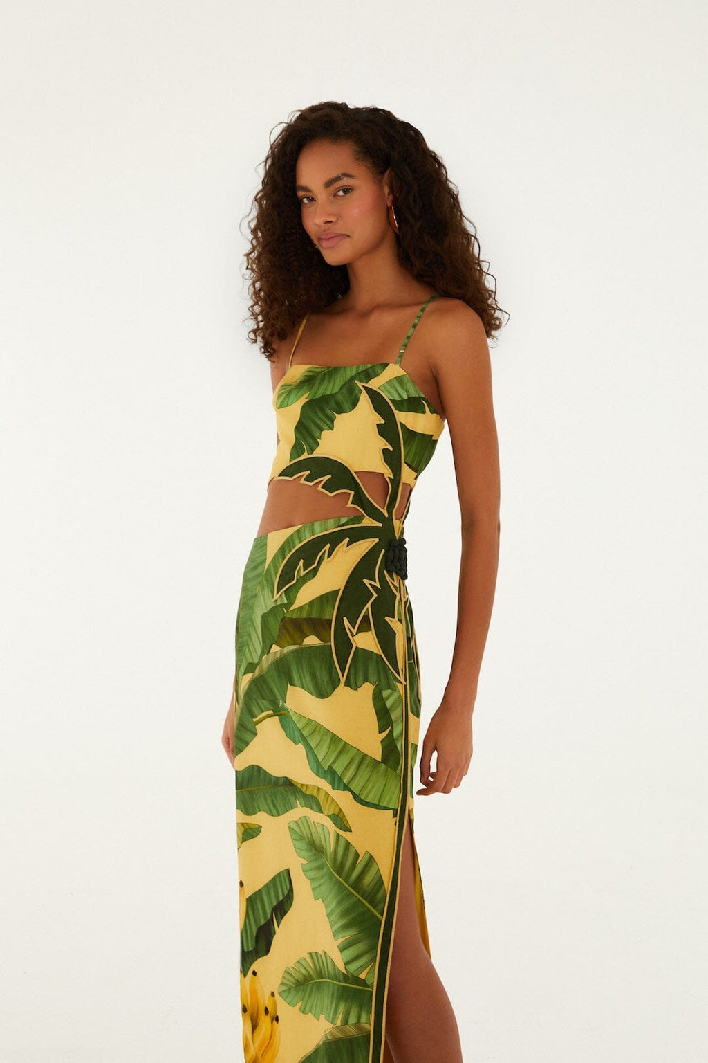 Soft Yellow 3D Banana Leaves Maxi Dress