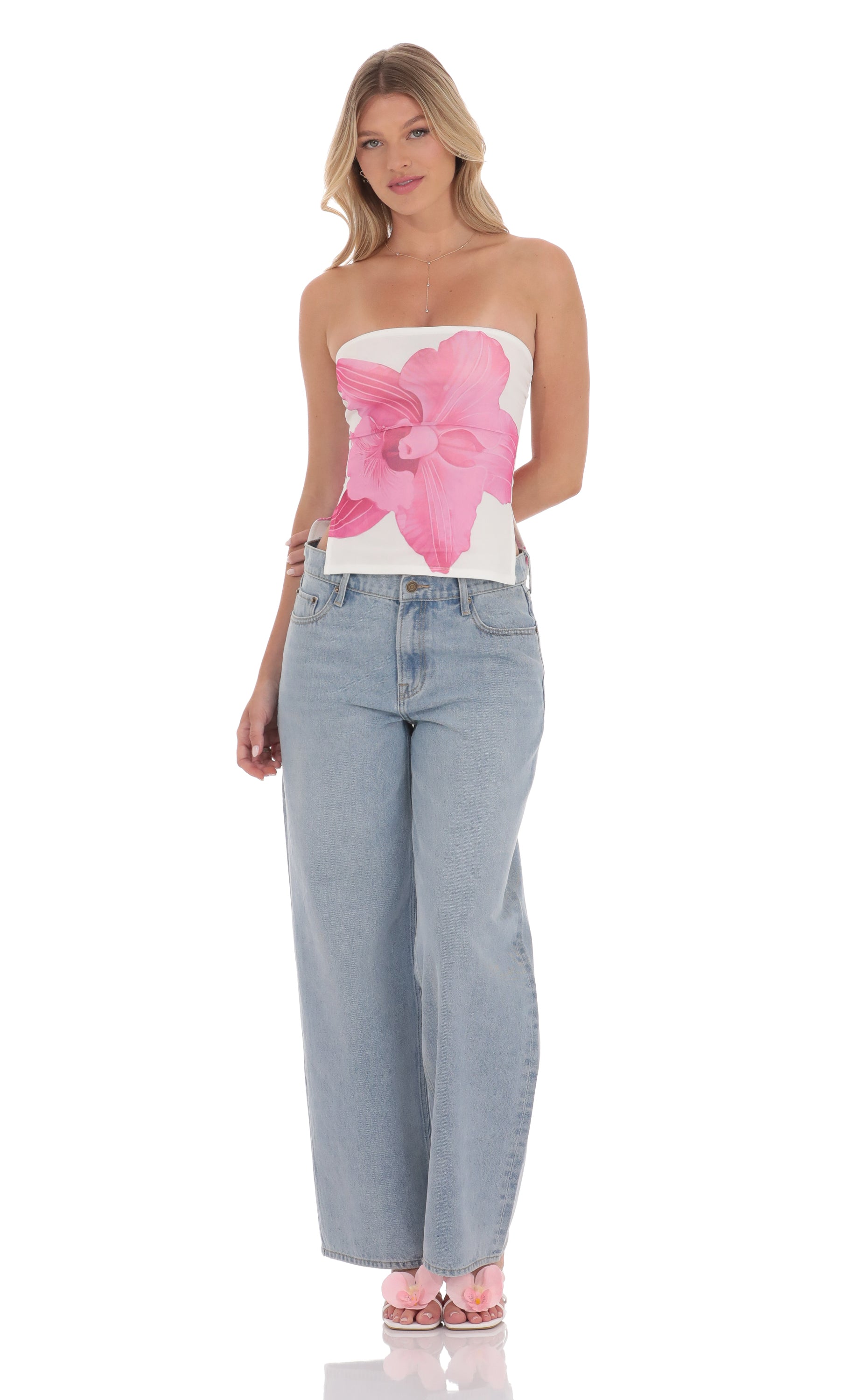 Mesh Floral Slit Top in White