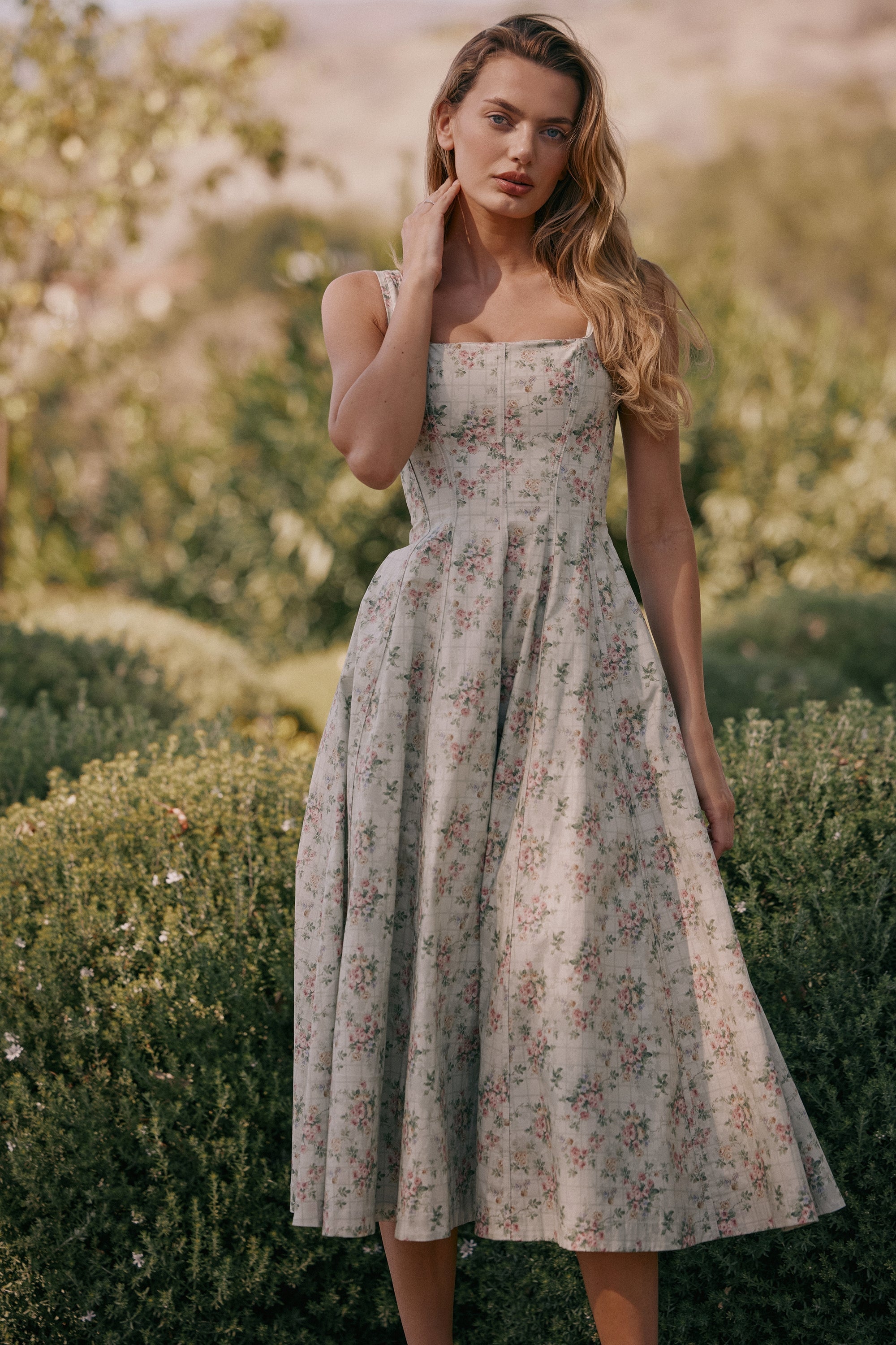 sage floral print cotton midi dress